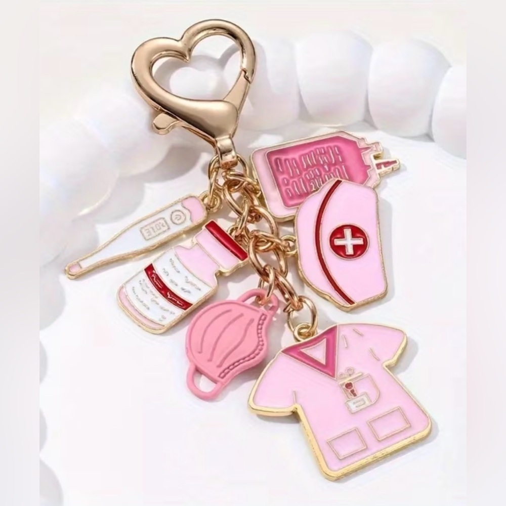 Nurse Charm Keychain | Pink Nurse Hat Scrubs Stethoscope IV Bag Purse Charm - Picture 2 of 3
